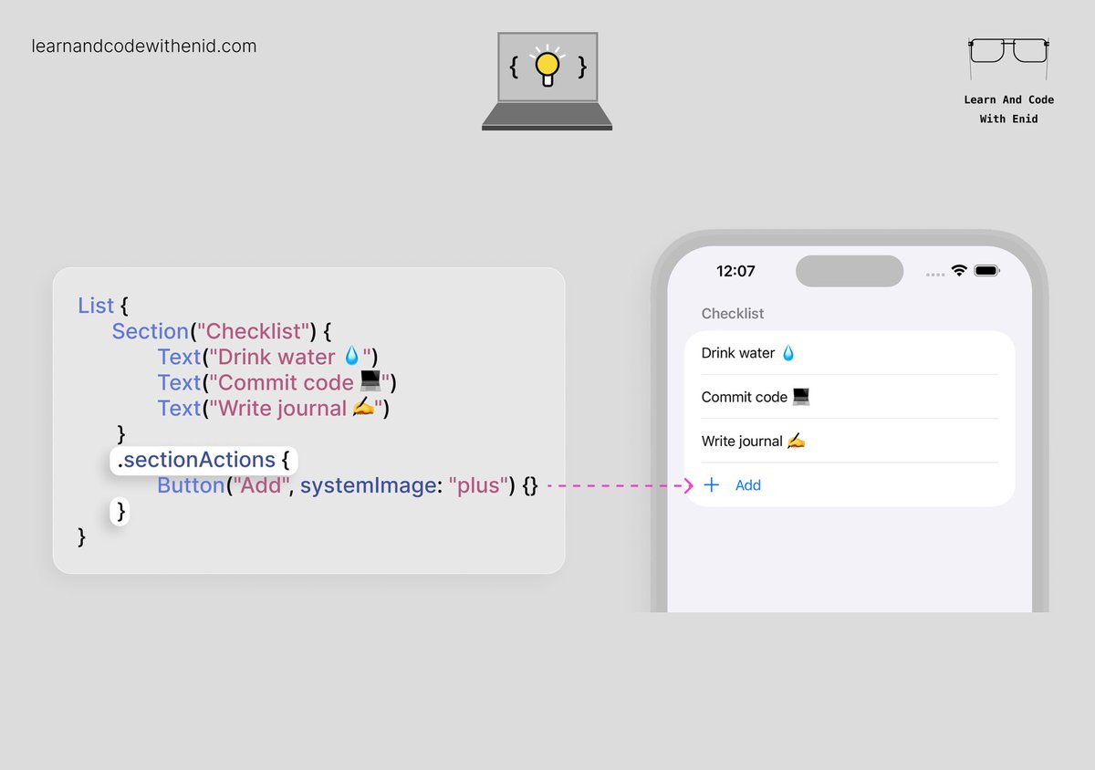ios_dev_alb's tweet image. SwiftUI Tip 💡

In iOS 18.0+, you can attach actions to List sections using the sectionActions() modifier.