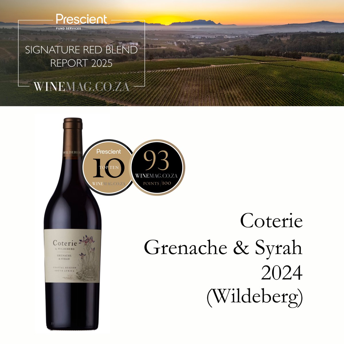 Congratulations to <a href="/wildebergwine/">Wildeberg</a> on Coterie Grenache &amp; Syrah 2024 placing Top 10 with a rating of 93 in this year's @prescient_sa Signature Red Blend Report: winemag.co.za/wine/best/red-…