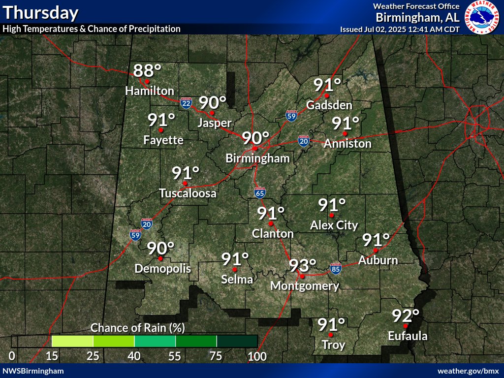 Partly cloudy with isolated showers and storms across the southern third of the area. Highs around 90. Mostly clear tonight with lows from the upper 60s north to around 70 southeast. Partly cloudy Thursday with highs from the upper 80s far northwest to the lower 90s elsewhere.