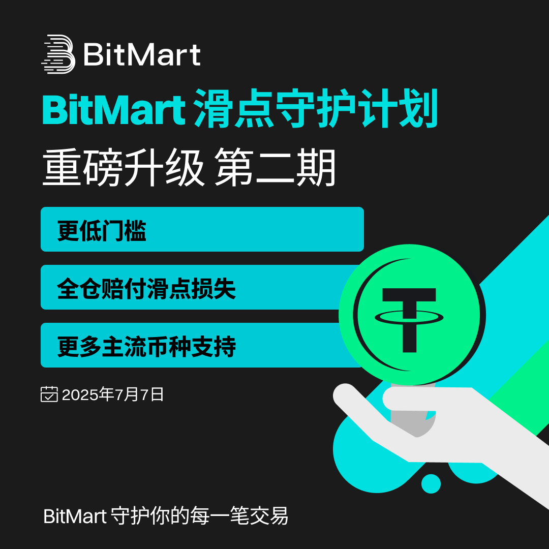 🛡 BitMart 滑点守护计划 · 第二期重磅升级！

📉 更低参与门槛
🧾 全仓赔付滑点损失
💰 覆盖更多主流币种
📅 启动时间：2025年7月7日

每一笔交易，都有 BitMart 为你守护。

#BitMart #滑点补贴 #交易守护 #USDT #CryptoProtection