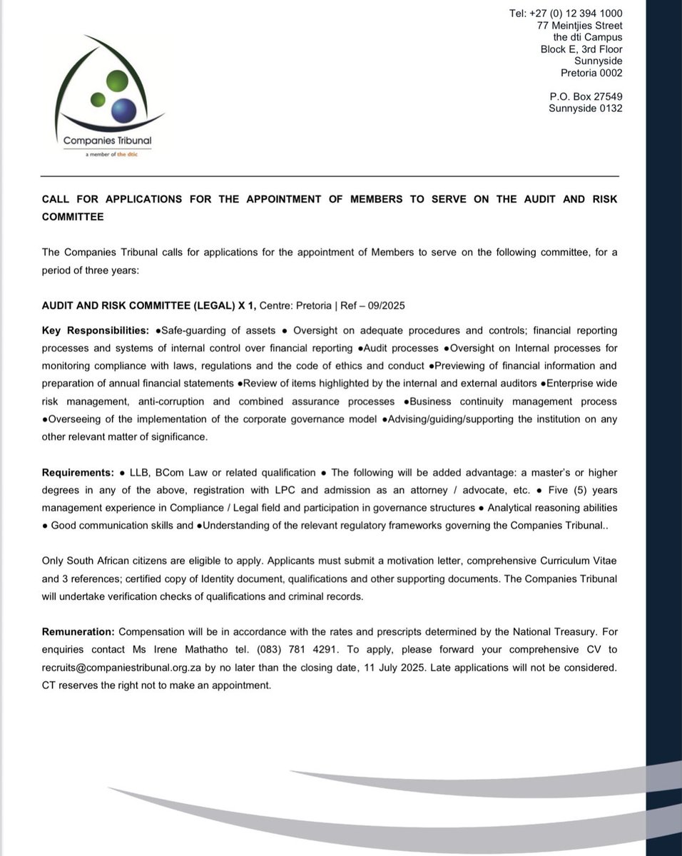 CompaniesT_SA's tweet photo. Calling all experts! 📣 
The Companies Tribunal is seeking applications for the Audit and Risk Committee. 
Share your expertise and help us uphold the highest standards of governance!

Apply now! 🚨🚨 https://t.co/9HYlEglnrI