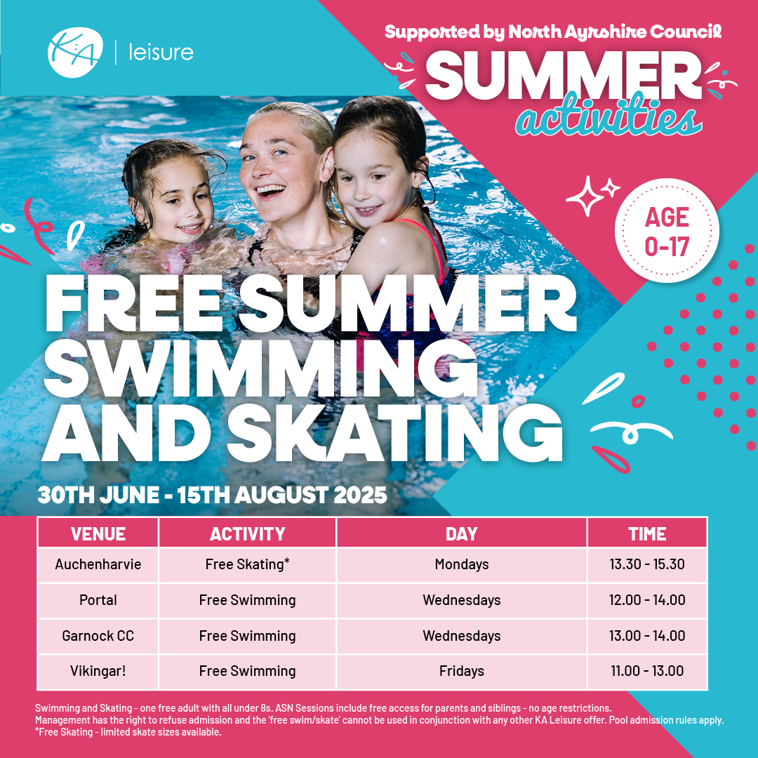 🏊‍♀️⛸️There are a variety of FREE Swim &amp; Skate Sessions supported by <a href="/North_Ayrshire/">North Ayrshire Council</a> to enjoy during the Summer Holidays! 🙂