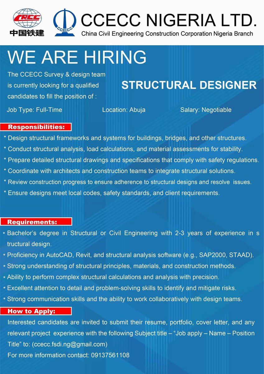 MSIngawa's tweet photo. JOB ALERT

CCECC Nig Limited is hiring https://t.co/elwvnQaXJ7