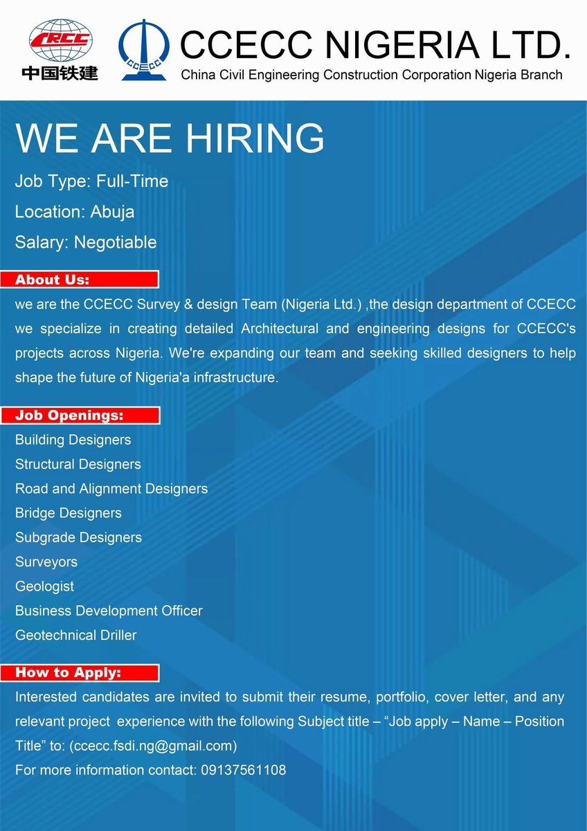 MSIngawa's tweet photo. JOB ALERT

CCECC Nig Limited is hiring https://t.co/elwvnQaXJ7