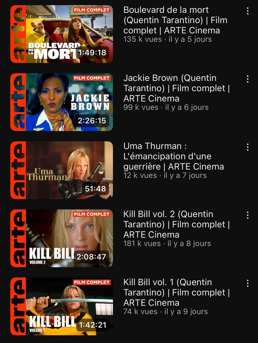Rappel pour ceux qui veulent profiter que la chaîne Arte Cinéma mets à dispo GRATUITEMENT et en bonne qualité sur YouTube les films de Tarantino, c’est disponible jusqu’à la fin de l’été et je conseille personnellement Boulevard de la mort, un des moins connus mais mon préféré !