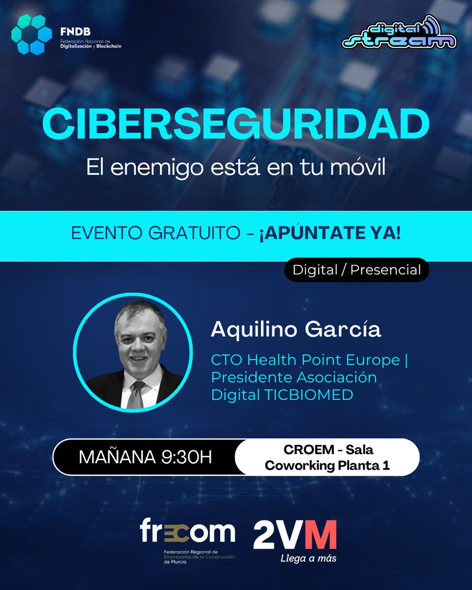 🔐 ¿Está tu móvil realmente protegido?⁣
⁣
Mañana jueves, en una nueva sesión de #DigitalStream, abordamos una amenaza silenciosa pero muy real: 𝗹𝗮 𝗰𝗶𝗯𝗲𝗿𝘀𝗲𝗴𝘂𝗿𝗶𝗱𝗮𝗱 𝗺𝗼́𝘃𝗶𝗹.⁣
⁣
📲 ¡Apúntate ya! → forms.gle/NumxTVwwFcN32Q… 
⁣
