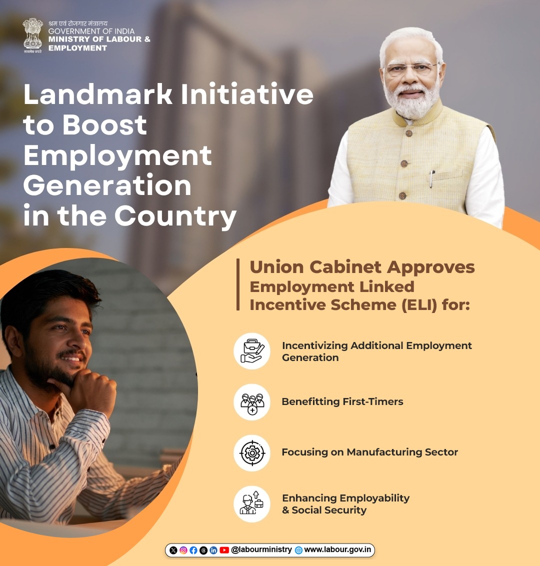 LabourMinistry's tweet photo. A Big Boost to Jobs &amp; Economy!
With an outlay of ₹99,446 crore, the newly approved Employment Linked Incentive (ELI) Scheme is set to support generation of over 3.5 crore jobs— (1/2) https://t.co/93GKFz9ShO