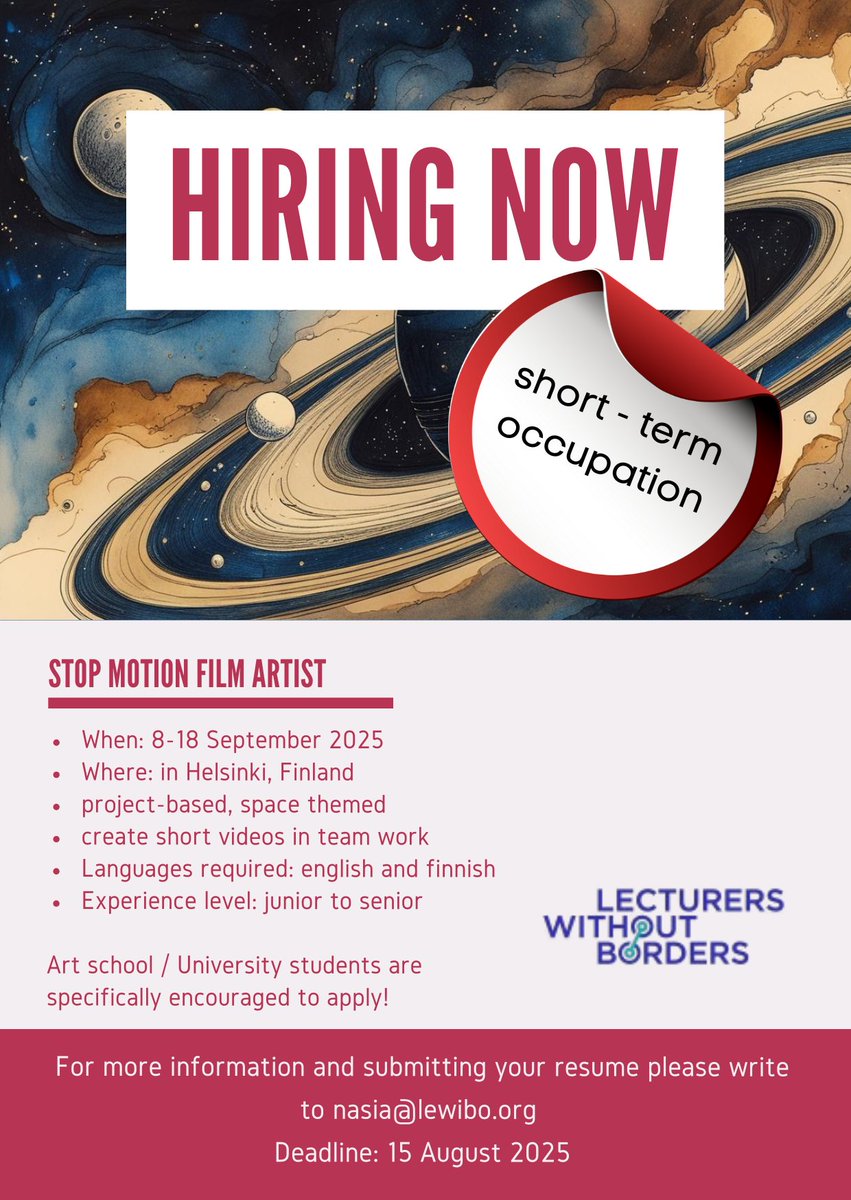 📽️🎨  Are you a stop-motion film artist or student based in #Helsinki ?
Check out this short-term job opportunity to contribute to the awarded educational program "EPSC-DPS Goes live for schools" this September.
For more information write us!
#Scicomm #STEAM #stopmotion