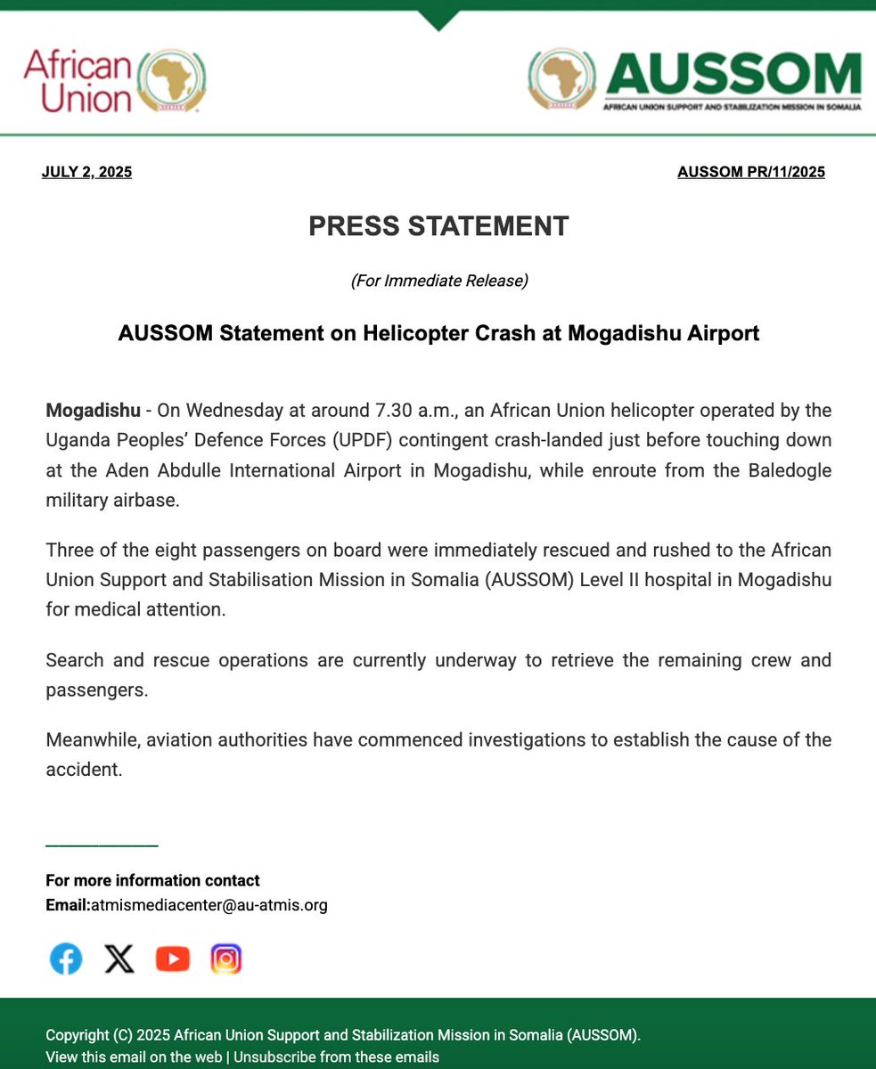 aussom_'s tweet image. AUSSOM Statement on Helicopter Crash at Mogadishu Airport.
Read more → bit.ly/4lDsOvB