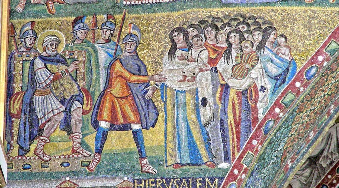 romamedieval's tweet image. La matanza de los inocentes. Mosaico del del arco triunfal de la basílica de Santa Maria Maggiore en Roma (siglo V)