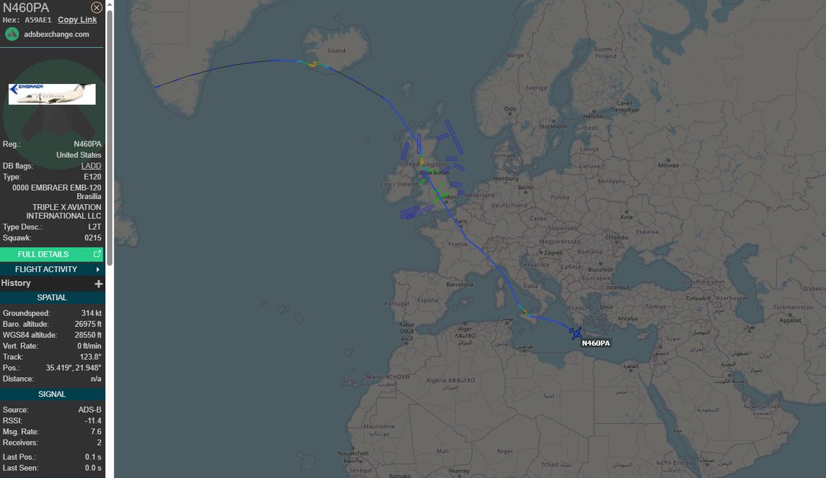 lecrayon11's tweet photo. E120 associated with Phoenix Air spotted heading for the Middle East. Recently re-reg'd on 23/05 to 'Triple X Aviation International LLC'. Given the company was formed on 01/05, it's not unreasonable to suggest this is a new shell company.

#A59AE1 / 120.190 / #N460PA https://t.co/UaJzy28GS3