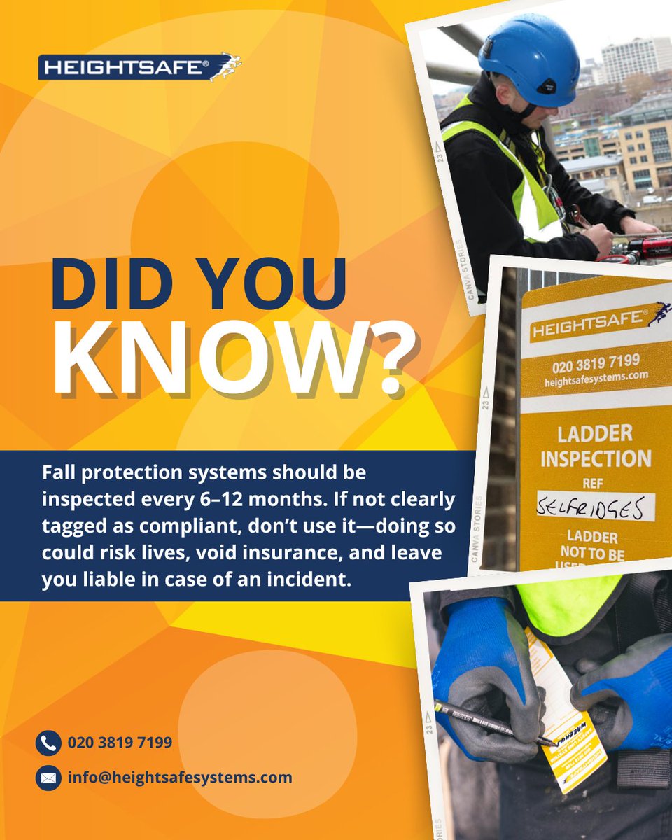 Did you know fall protection systems need professional inspection every 6-12 months? 

If your system isn’t clearly tagged as compliant, don’t use it—it risks lives, insurance, and liability. Stay safe and compliant. 

📞 Contact Heightsafe today to schedule your inspection.