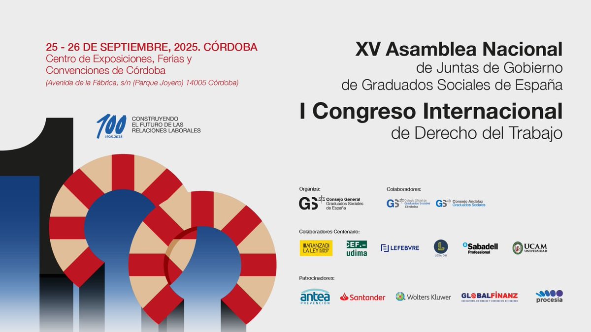 Los días 25 y 26 de septiembre el Centro de Exposiciones, Ferias y Convenciones de #Córdoba acogerá la XV #Asamblea Nacional de Juntas de #Gobierno de Graduados Sociales de #España

Accede al programa completo: buff.ly/fblBRAr