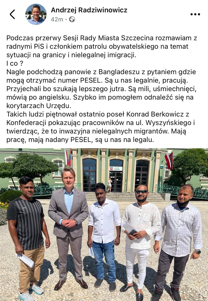 Radny <a href="/a_radziwinowicz/">Andrzej Radziwinowicz</a> spotkał przyjezdnych z Bangladeszu podczas przerwy sesji Rady Miasta. 

W Szczecinie mamy ponad 40 tys. obcokrajowców. Legalnie mieszkających i pracujących w naszym mieście. To między innymi na takich ludzi szczuje PiS i Konfederacja.