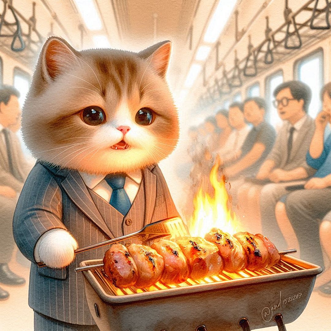 and1521207's tweet image. 我慢できずに帰りの電車の中でBBQ🍖🍗
周囲の視線は無言の火加減チェックだニャ🔥❤️🔥
Some people decompress with yoga 🧘♂️
He grills ribs in public 🔥🍖😼
#aiart #AIイラスト #cat #猫 #バーベキュー