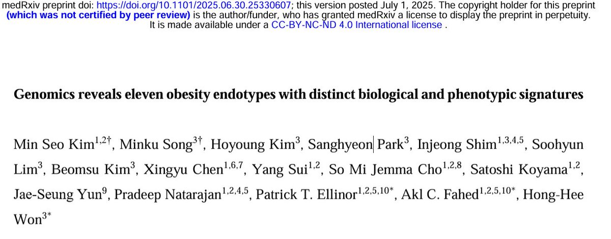 Delighted to share the preprint on the largest obesity GWAS to date!

GWAS from &gt;2 million participants

Key:
✳️13% increase in loci discovery 
✳️Identified 11 obesity genetic clusters (endotypes) 
✳️Obesity management should be as diverse as the condition itself

Thread👇
