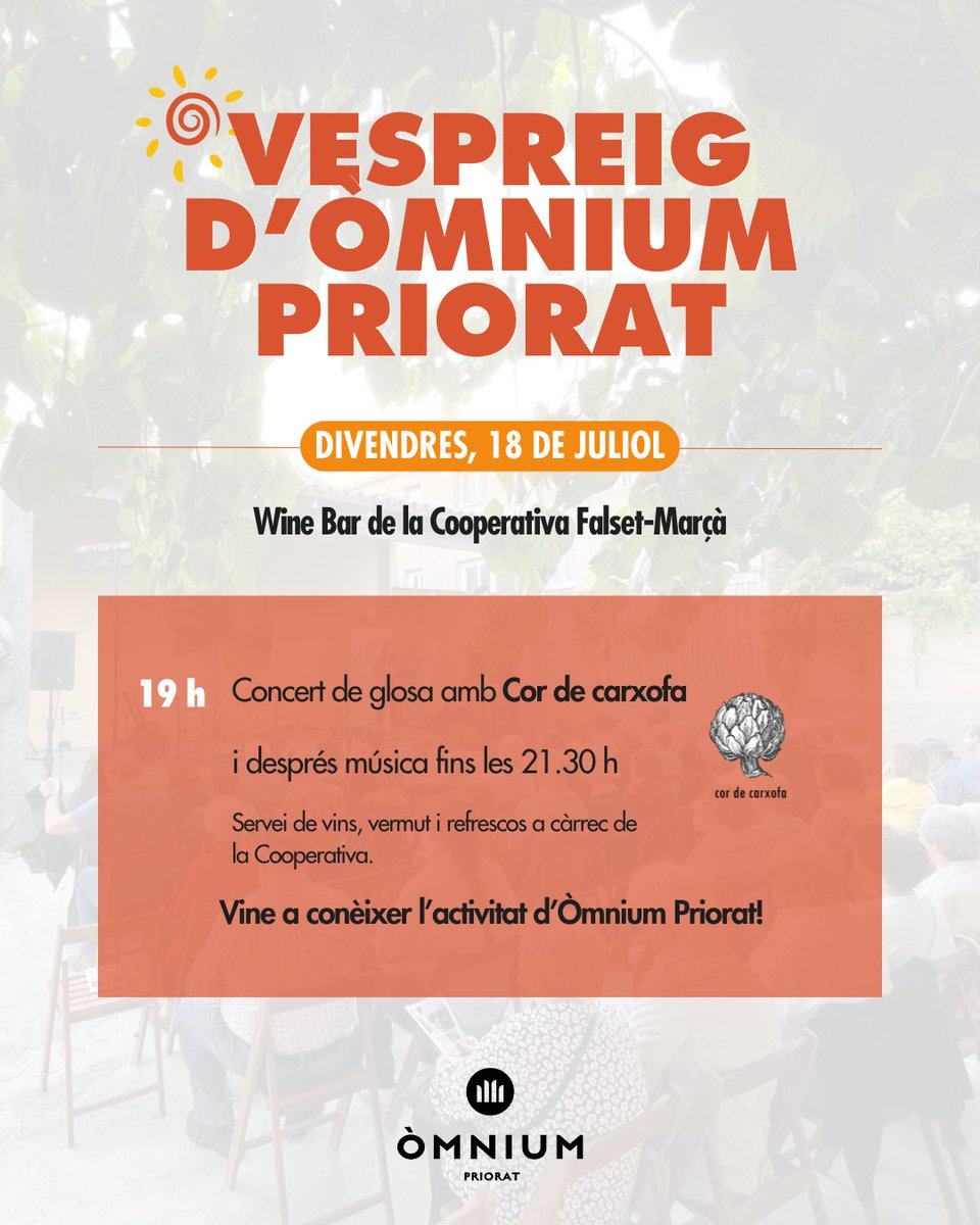 ☀️ T'esperem al Vespreig d'Òmnium Priorat! 🎉

📅 Divendres, 18 de juliol
🕖 A partir de les 19 h 
📍 Wine Bar de la Cooperativa Falset-Marçà

🎶 Hi haurà concert de glosa de <a href="/CordeCarxofa/">Cor de Carxofa</a> amb micro obert i servei de vins, vermut i refrescos a càrrec de <a href="/Etimonline/">Ètim</a>. 🍷