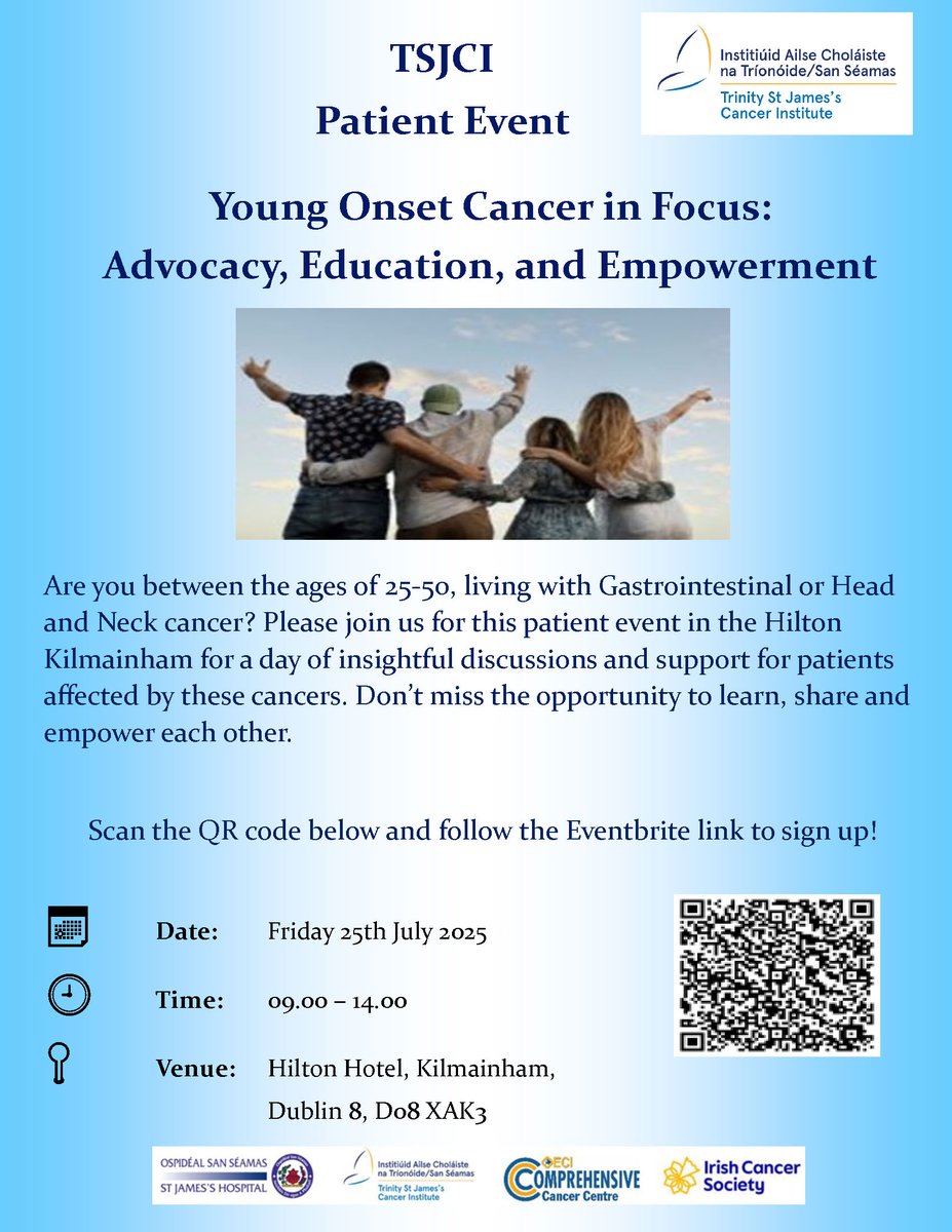 St James's Hospital (@stjamesdublin) on Twitter photo <a href="/CancerInstIRE/">Trinity St James's Cancer Institute</a> is hosting a free #YoungOnsetCancer event on 25th July, for patients living with gastrointestinal or head & neck cancer, diagnosed at a younger age (25–50).
Register via Eventbrite here 👉 bit.ly/TSJCIEvent
#CancerAwareness #CancerSupport #TSJCI <a href="/CancerInstIRE/">Trinity St James's Cancer Institute</a> is hosting a free #YoungOnsetCancer event on 25th July, for patients living with gastrointestinal or head & neck cancer, diagnosed at a younger age (25–50).
Register via Eventbrite here 👉 bit.ly/TSJCIEvent
#CancerAwareness #CancerSupport #TSJCI