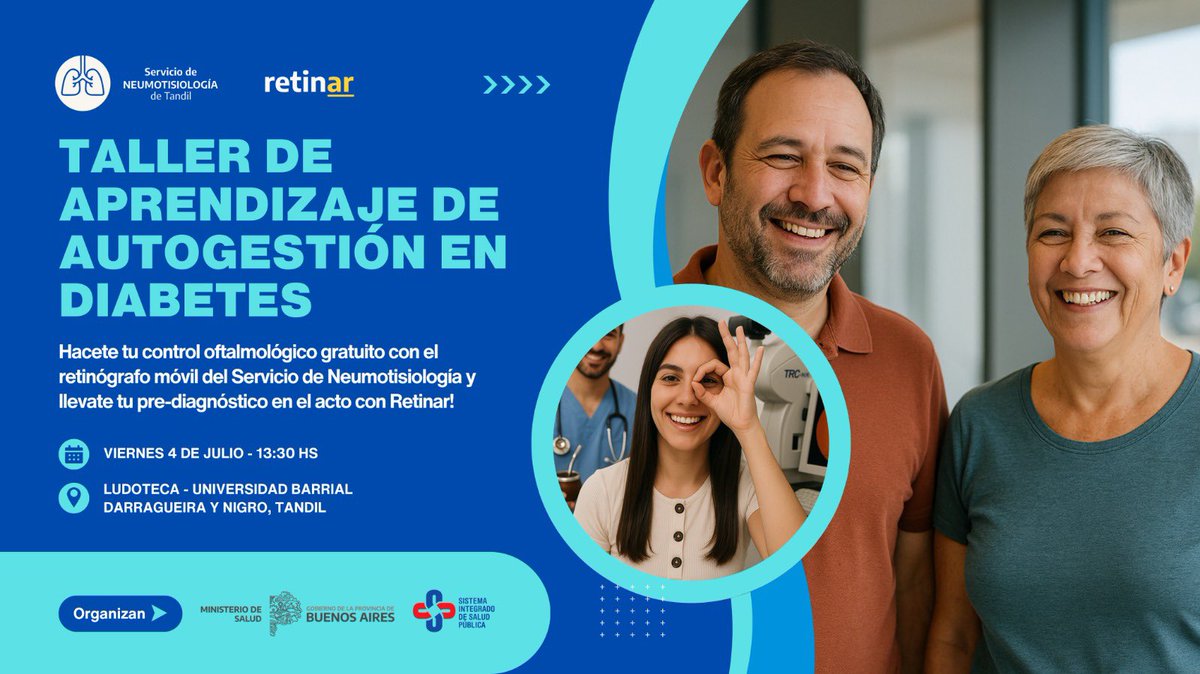 Si tenés diabetes y estás en #Tandil, este viernes 4/7 nos encontramos a las 13:30 en la Ludoteca de la Uni Barrial de la <a href="/UNICEN_Oficial/">UNICEN</a>! Hacete tu control oftalmológico GRATIS con <a href="/retinarARG/">retinar</a>. Te esperamos!