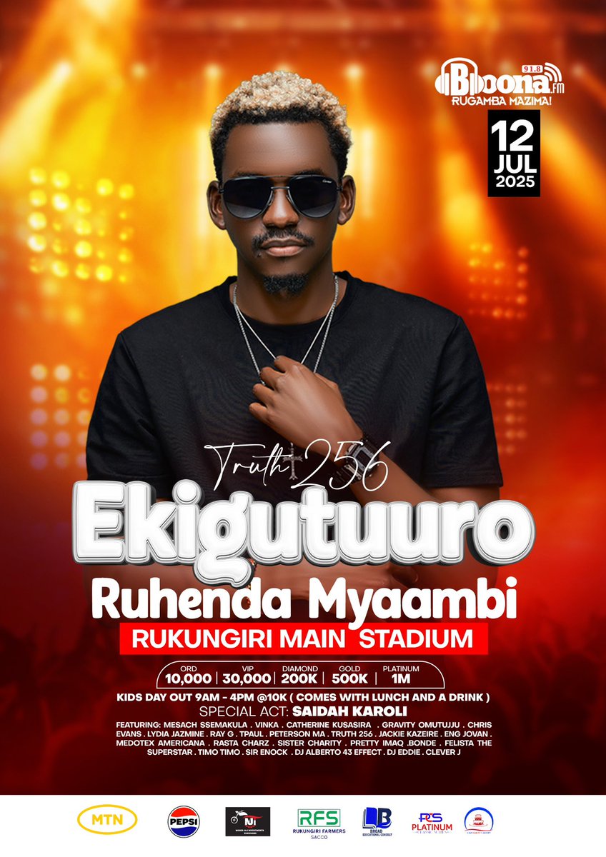 Excited to announce that <a href="/Truth_256/">TRUTH 256</a> will be performing live <a href="/BoonaFm/">91.8 Boona FM</a> 's 8th anniversary celebration at Rukungiri main stadium on 12th July! See u there to celebrate #BoonaFmAt8
#EkiguuturoKyaBoonaFm25