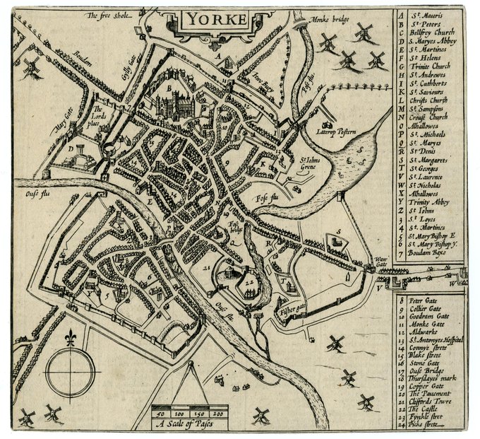 MAP: The most famous and fayre Citie Yorke described, John Speed, 1610. It is interesting to see the number of mills illustrated, even if some are for pictorial reasons like the ducks on the Foss. Most certainly though there were around York a good number of mills of
