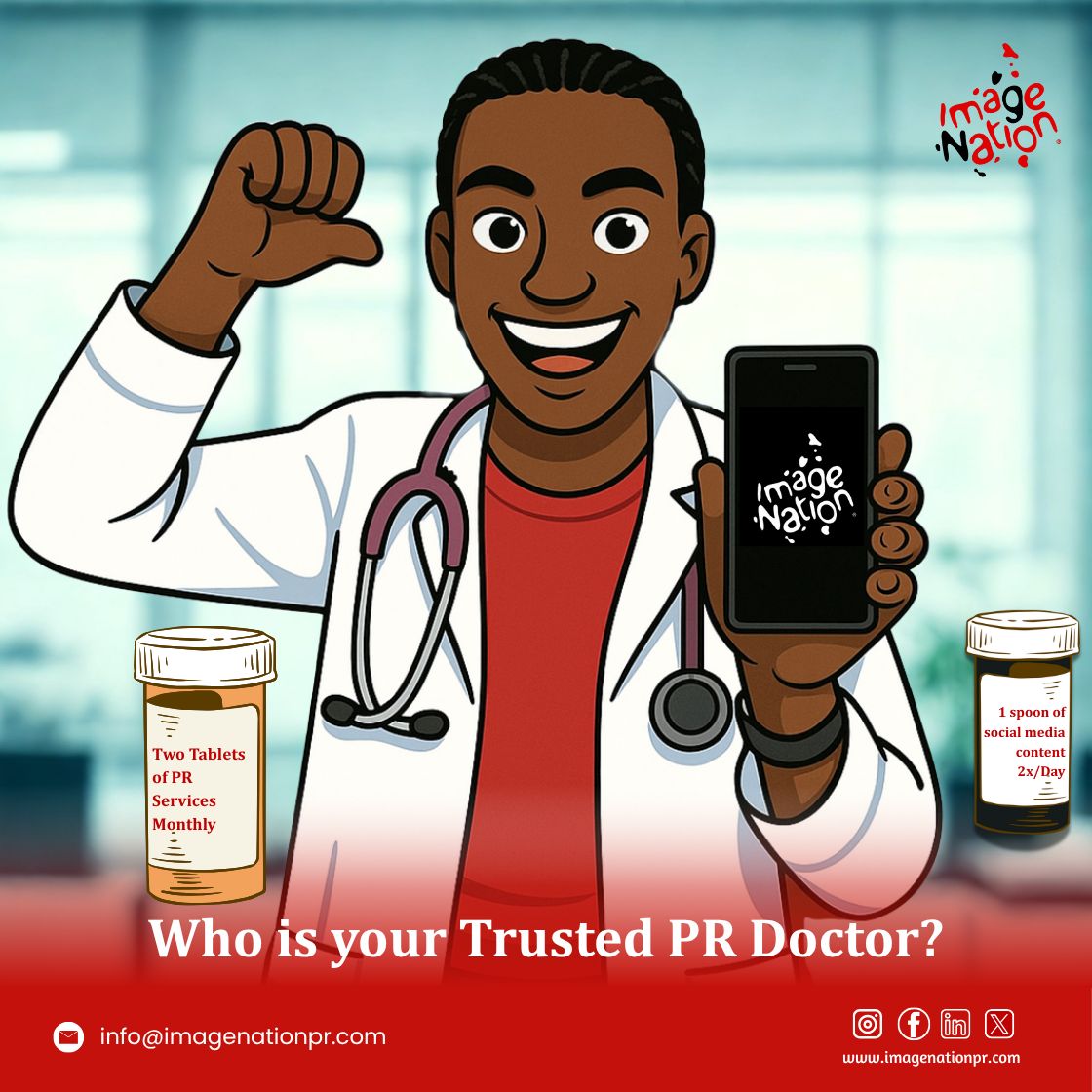 ImageNationPR's tweet photo. Whether it’s crisis, content, or campaign headaches —
💼 ImageNation PR is always on call.
📩 Book your prescription: info@imagenationpr.com
🌐 https://t.co/HPSQSDCfVm
#ImageNationPR #PRDoctor #CameroonHumor https://t.co/1IxPq3iKys