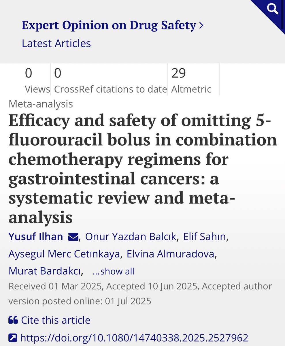 Elvina Almuradova (@dr_elvinaa) on Twitter photo Our meta-analysis (n=12,698)
shows:
Omitting 5-FU bolus from GI chemo regimens →
✔️ No difference in PFS/OS
📉 Less grade 3–4 neutropenia (OR 0.46)
📉 Less thrombocytopenia (OR 0.53)
<a href="/dr_yusufilhan/">YUSUF İLHAN</a> <a href="/dr_yakupergun/">Yakup Ergün</a> <a href="/oncodaily/">OncoDaily</a> <a href="/OncoAlert/">OncoAlert</a> <a href="/Larvol/">LARVOL</a> Our meta-analysis (n=12,698)
shows:
Omitting 5-FU bolus from GI chemo regimens →
✔️ No difference in PFS/OS
📉 Less grade 3–4 neutropenia (OR 0.46)
📉 Less thrombocytopenia (OR 0.53)
<a href="/dr_yusufilhan/">YUSUF İLHAN</a> <a href="/dr_yakupergun/">Yakup Ergün</a> <a href="/oncodaily/">OncoDaily</a> <a href="/OncoAlert/">OncoAlert</a> <a href="/Larvol/">LARVOL</a>
