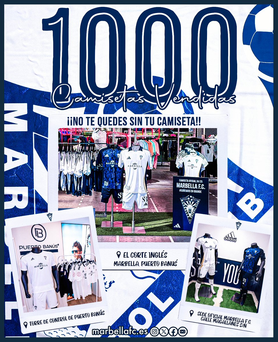 Marbella FC (@marbella_fc) on Twitter photo โจ๏ธ โ๐๐๐๐ฬโ๐โ๐: 1๏ธโฃ0๏ธโฃ0๏ธโฃ0๏ธโฃ camisetas vendidas esta รบltima temporada ... ยกยกยก no te quedes sin la tuya !!!
๐ฃ๐๐ป๐๐ผ๐ ๐ฑ๐ฒ ๐๐ฒ๐ป๐๐ฎ
1๏ธโฃ <a href="/elcorteingles/">El Corte Inglรฉs</a> Marbella (Puerto Banรบs)
2๏ธโฃ Sede oficial Marbella FC (C/Magallanes s/n)
3๏ธโฃ Torre Control Puerto Banรบs
4๏ธโฃ Online: โจ๏ธ โ๐๐๐๐ฬโ๐โ๐: 1๏ธโฃ0๏ธโฃ0๏ธโฃ0๏ธโฃ camisetas vendidas esta รบltima temporada ... ยกยกยก no te quedes sin la tuya !!!
๐ฃ๐๐ป๐๐ผ๐ ๐ฑ๐ฒ ๐๐ฒ๐ป๐๐ฎ
1๏ธโฃ <a href="/elcorteingles/">El Corte Inglรฉs</a> Marbella (Puerto Banรบs)
2๏ธโฃ Sede oficial Marbella FC (C/Magallanes s/n)
3๏ธโฃ Torre Control Puerto Banรบs
4๏ธโฃ Online:
