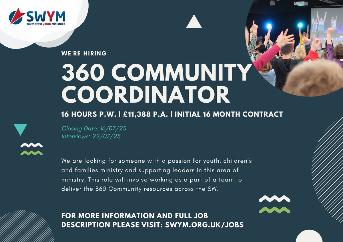 📢 We’re hiring a 360 Community Coordinator!

Passionate about youth, children’s &amp; families ministry? Want to equip leaders across the South West? Join our team!

👉 16 hrs/week | £11,388 p.a.
⏰ Apply by 16 July | Interviews 22 July
💻 swym.org.uk/jobs