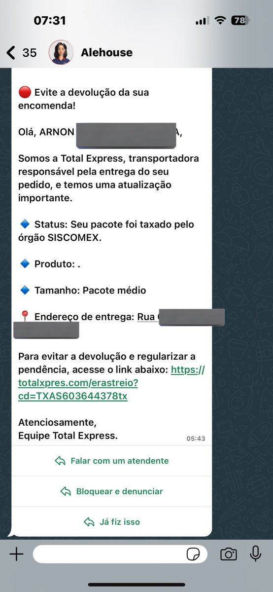 arnonco's tweet photo. Olá o nível do Golpe

Os caras tem meus dados: nome completo, telefone e ENDEREÇO. 

Me chamam no WhatsApp como uma empresa aparentemente real, com um PIX de valor baixo para liberar uma encomenda. Sendo que recentemente fiz compra internacional. https://t.co/rJNx1ttY9J