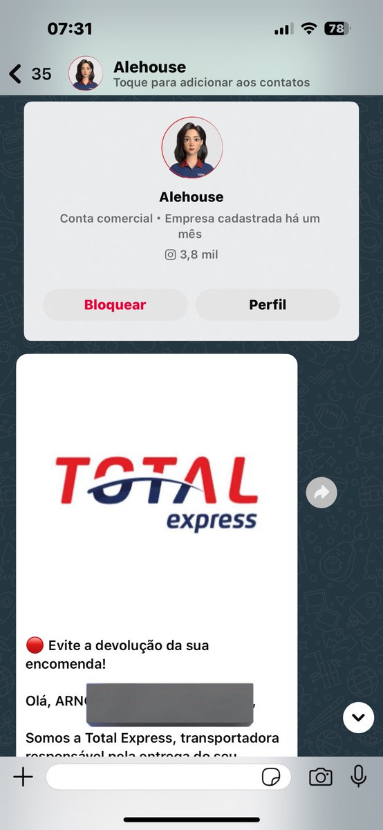 arnonco's tweet photo. Olá o nível do Golpe

Os caras tem meus dados: nome completo, telefone e ENDEREÇO. 

Me chamam no WhatsApp como uma empresa aparentemente real, com um PIX de valor baixo para liberar uma encomenda. Sendo que recentemente fiz compra internacional. https://t.co/rJNx1ttY9J