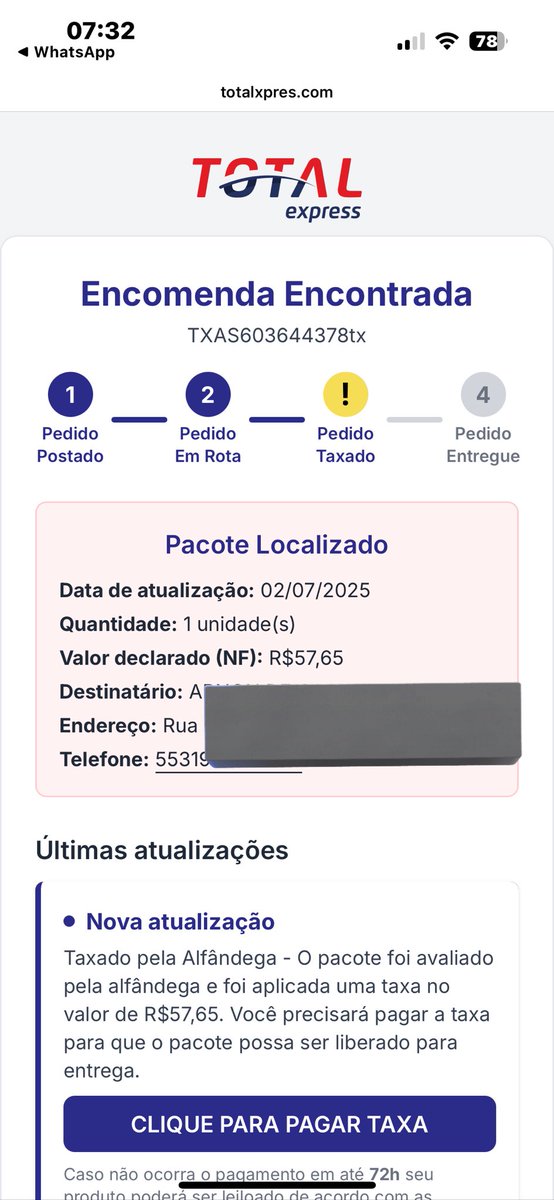 arnonco's tweet photo. Olá o nível do Golpe

Os caras tem meus dados: nome completo, telefone e ENDEREÇO. 

Me chamam no WhatsApp como uma empresa aparentemente real, com um PIX de valor baixo para liberar uma encomenda. Sendo que recentemente fiz compra internacional. https://t.co/rJNx1ttY9J