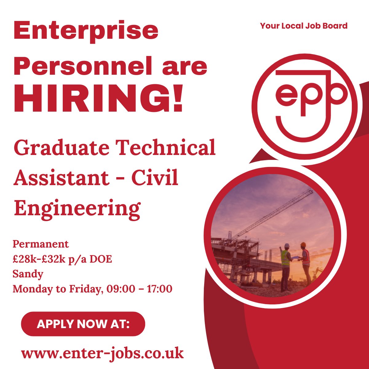 EnterJobs's tweet image. Enterprise Personnel's client is looking for a Graduate Technical Assistant in Sandy.
Apply now via our website!
#graduatejobs #graduateopportunity #ProjectAssistant #projectmanagement #technicalassistant #civilengineering #infrastructureprojects #engineeringjobs #bedfordshire