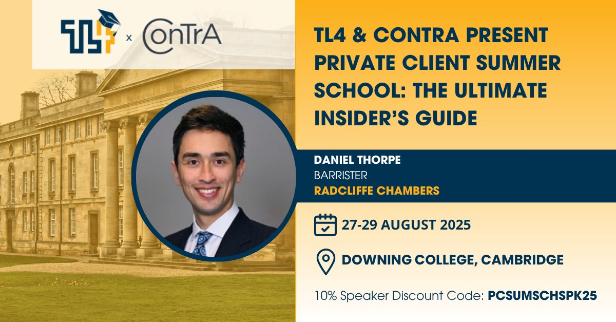 Radcliffe Chambers (@radcliffechmbrs) on Twitter photo Next month on Thursday, 28thAugust, Daniel Thorpe will be speaking at the <a href="/TL4PrivClient/">ThoughtLeaders4 Private Client</a> & <a href="/ConTrA_socials/">ConTrA (The Contentious Trusts Association)</a> Private Client Summer School at Downing College, Cambridge.
Daniel will be speaking on ‘Understanding 1975 Act Claims’ alongside Paul Hewitt of Withers.
More details about Next month on Thursday, 28thAugust, Daniel Thorpe will be speaking at the <a href="/TL4PrivClient/">ThoughtLeaders4 Private Client</a> & <a href="/ConTrA_socials/">ConTrA (The Contentious Trusts Association)</a> Private Client Summer School at Downing College, Cambridge.
Daniel will be speaking on ‘Understanding 1975 Act Claims’ alongside Paul Hewitt of Withers.
More details about
