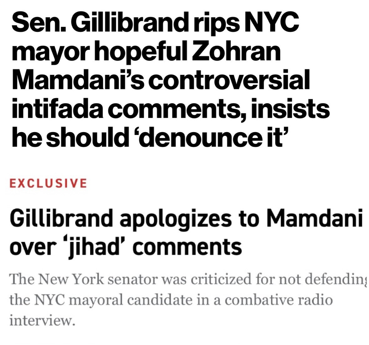 Last week Gillibrand insists Zohran Mamdani denounce the call to murder Jews everywhere — “globalize the intifada.”

Now Gillibrand APOLOGIZES to Mamdani. 

The pro-terror mob called her racist and she folded like a lawn chair