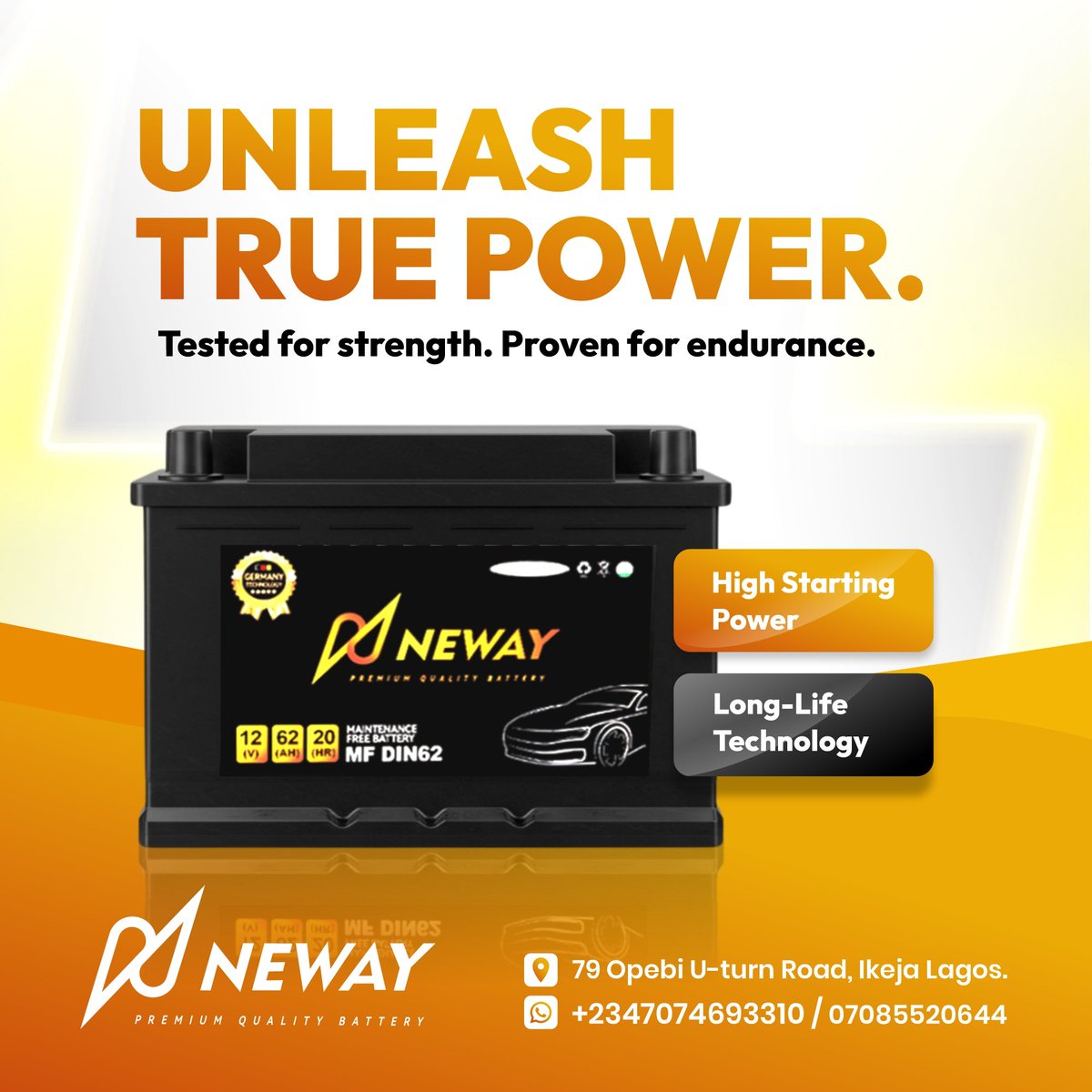 Newaygroup_'s tweet image. 🔋 UNLEASH TRUE POWER with NEWAY!
Engineered for strength, built for endurance — because your car deserves the best.

📞 Call: +2347074693310 | 07085520644

#NewayBattery #PremiumPower #CarBatteryExperts #DriveWithConfidence #BatteryThatLasts