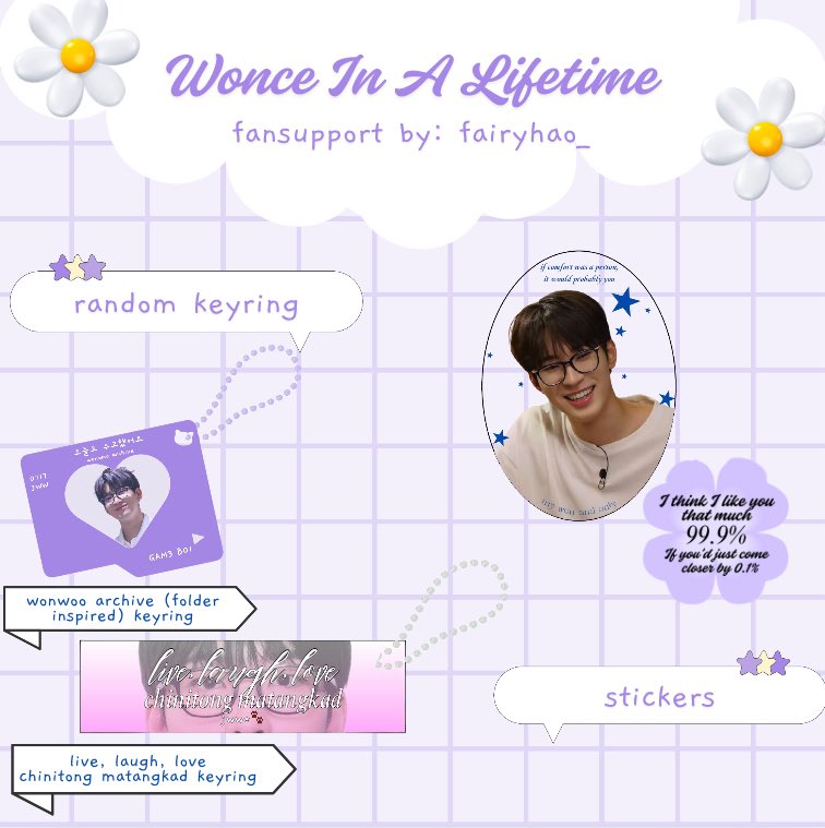 𝘔𝘺 𝘞𝘰𝘯 𝘢𝘯𝘥 𝘖𝘯𝘭𝘺 𝘓𝘰𝘷𝘦 ⋆˚ 𝜗𝜚˚⋆
by: <a href="/fairyhao_/">vri 🪷</a> 

⋆˚꩜｡like and rt
⋆˚꩜｡1:1 (will receive 1 keyring and random sticker) 

i hope you guys love this goodies, see you wonwoorideuls and carats at AMMB! 07.19 ⋆˚ 𝜗𝜚˚⋆ 

#WONceInALifetimeAtAMMB