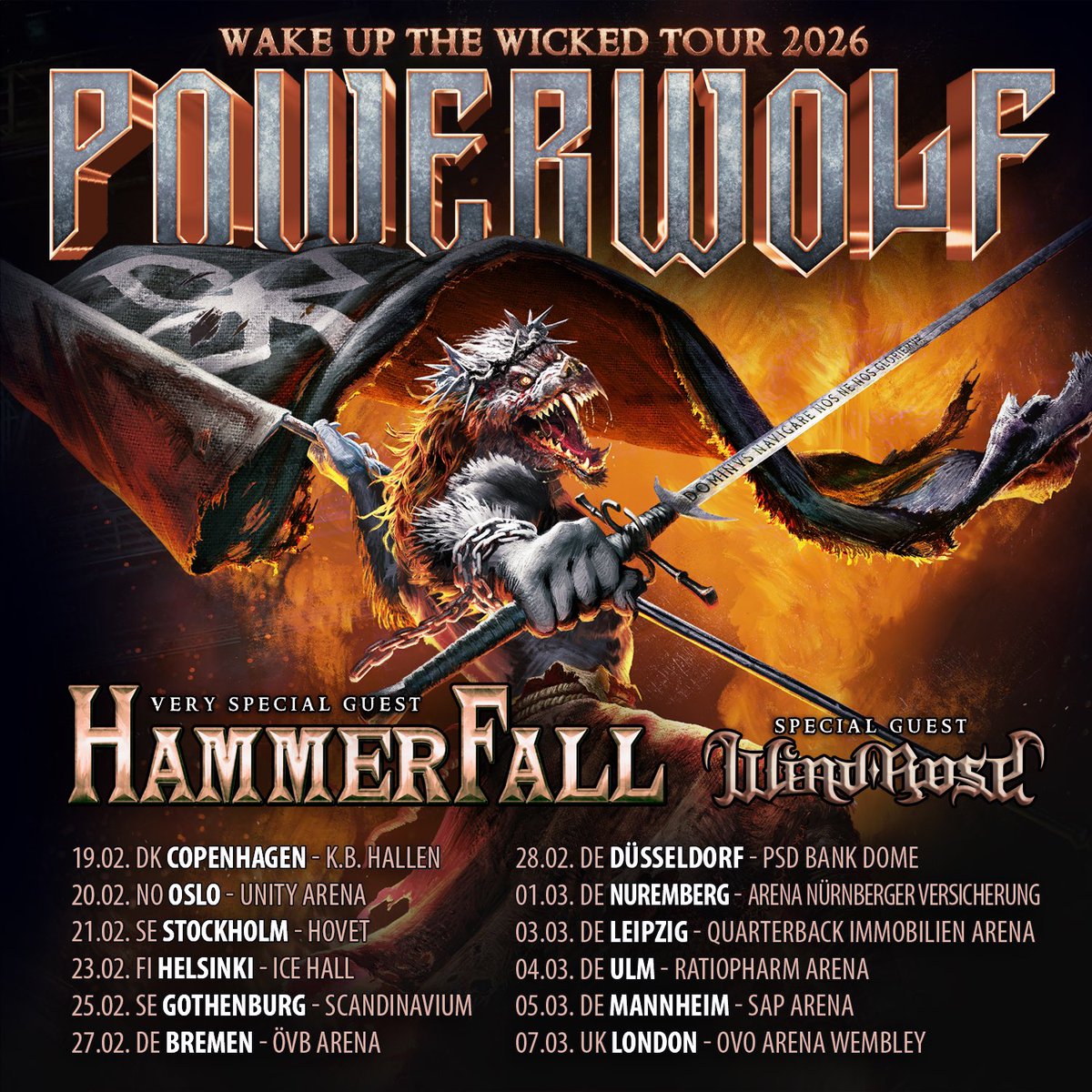 The exclusive pre-sale for our "Wake Up The Wicked Tour 2026" with HammerFall and Wind Rose has started today on Eventim and other local platforms. In which city will you join us? - powerwolf.net/live #powerwolf #hammerfall #windrose