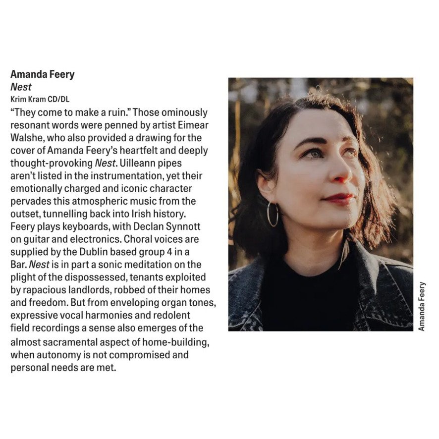 "from enveloping organ tones, expressive vocal harmonies and redolent field recordings a sense also emerges of the almost sacramental aspect of home-building, when autonomy is not compromised and personal needs are met"

Julian Cowley on <a href="/amandafeery/">Amanda Feery</a> NEST.

<a href="/thewiremagazine/">The Wire Magazine</a>