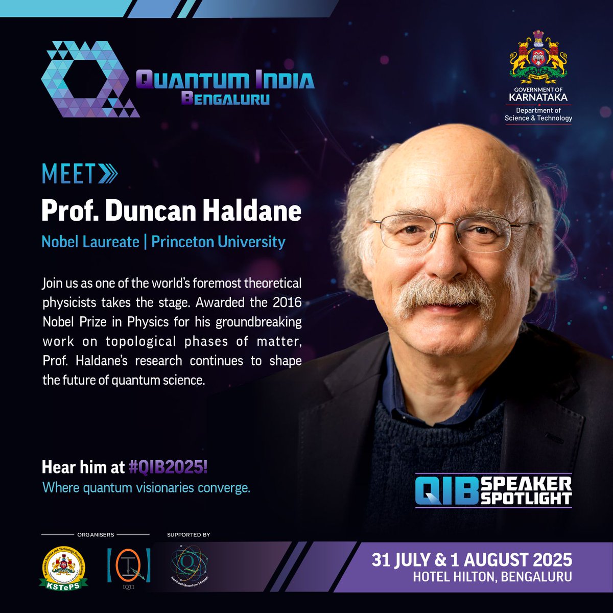 IIScQuanTech's tweet image. Prof. Duncan Haldane is renowned for his pioneering work on topological phases of matter and quantum many-body systems, work that earned him the 2016 Nobel Prize in Physics. 

Join us to hear him share insights on the intricacies of quantum science only at #QIB2025.