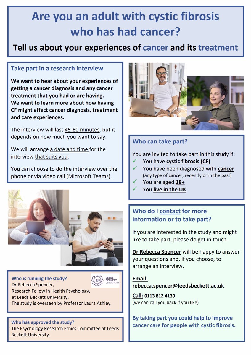 We are looking for adults with cystic fibrosis (CF), who have had cancer, to take part in a research interview about their experiences of cancer and its treatment (please see below poster).