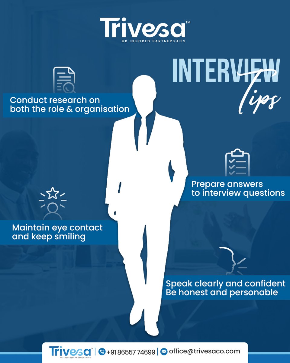 Trivesaco's tweet photo. Ace your next interview with confidence! 💼✨

Trivesa HR brings you expert-backed tips to help you make a lasting impression. https://t.co/42WZXIuNuN