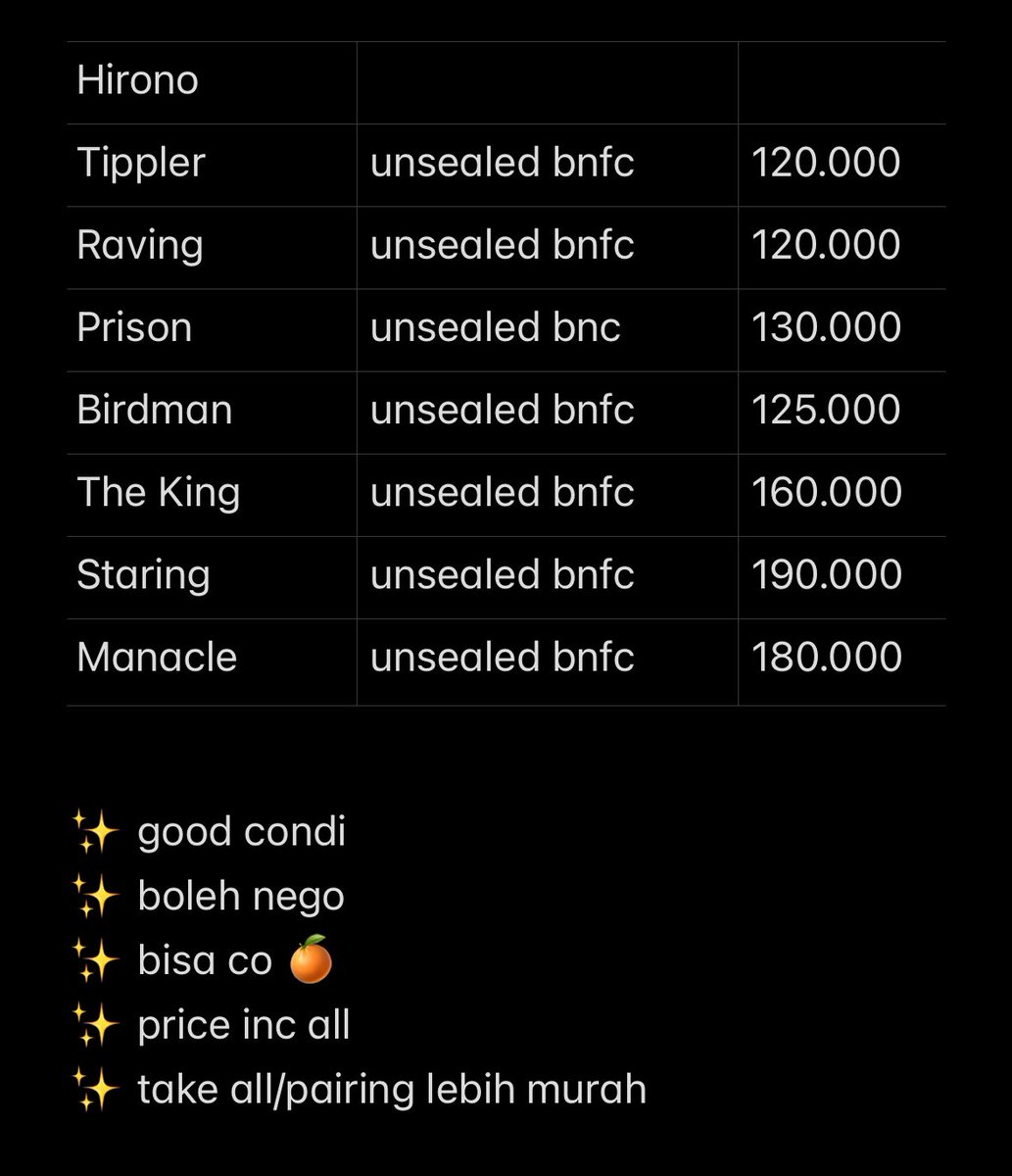 stroberti's tweet image. wts tippler, raving, prison, birdman, the king, staring, manacle

⊹ all bnfc, kecuali prison
⊹ ready ina, jatim
⊹ price inc all, bisa 🍊
⊹ boleh nego
⊹ pairing / take all lebih murah🥰
⊹ not for sensitive buyer