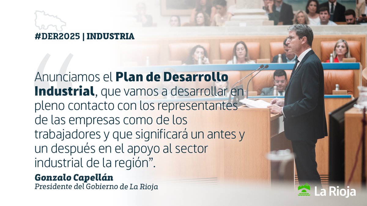 Gobierno de La Rioja (@lariojaorg) on Twitter photo 🏛️ DER2025 | <a href="/CapellanGonzalo/">Gonzalo Capellán</a>: "Anunciamos el Plan de Desarrollo Industrial, de importancia capital y valor estratégico para la región y que significará un antes y un después en el apoyo al sector en La Rioja"
📲 Directo: parlamento-larioja.org
#DER2025 🏛️ DER2025 | <a href="/CapellanGonzalo/">Gonzalo Capellán</a>: "Anunciamos el Plan de Desarrollo Industrial, de importancia capital y valor estratégico para la región y que significará un antes y un después en el apoyo al sector en La Rioja"
📲 Directo: parlamento-larioja.org
#DER2025