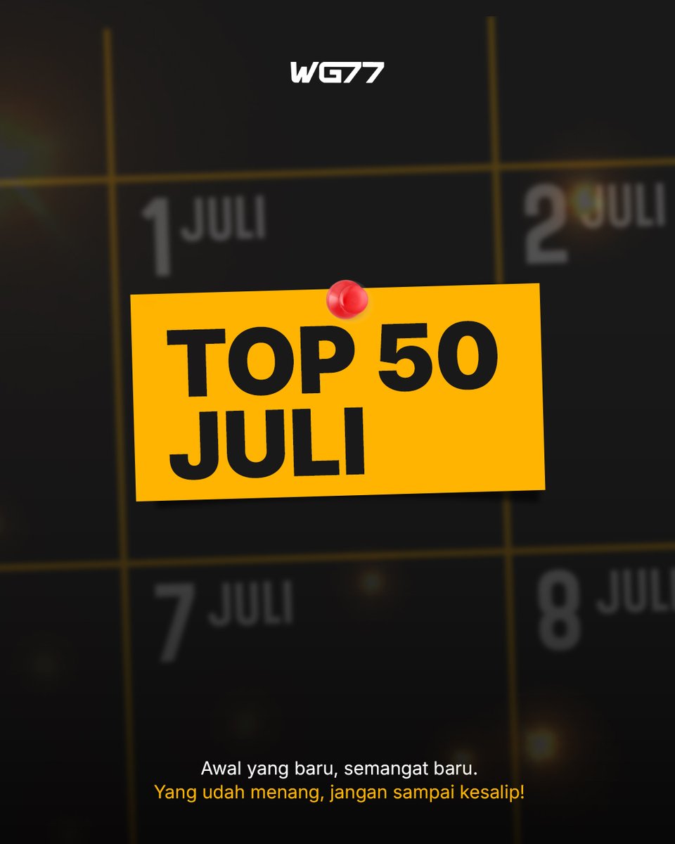 PlayWG77's tweet photo. 📅 TOP 50 JULI SUDAH DIMULAI!
Awal bulan = awal perjuangan 💪
Yang kemarin udah nangkring di atas, hati-hati disalip! 😏

Yuk gas dari awal! Bulan baru, cuan baru, kesempatan baru. Klik link di Bio! 🚀

#WG77 #Top50Juli #LeaderboardWG77 #AwalBulanGaspol #MainLangsungCuan https://t.co/0TANdCvX18