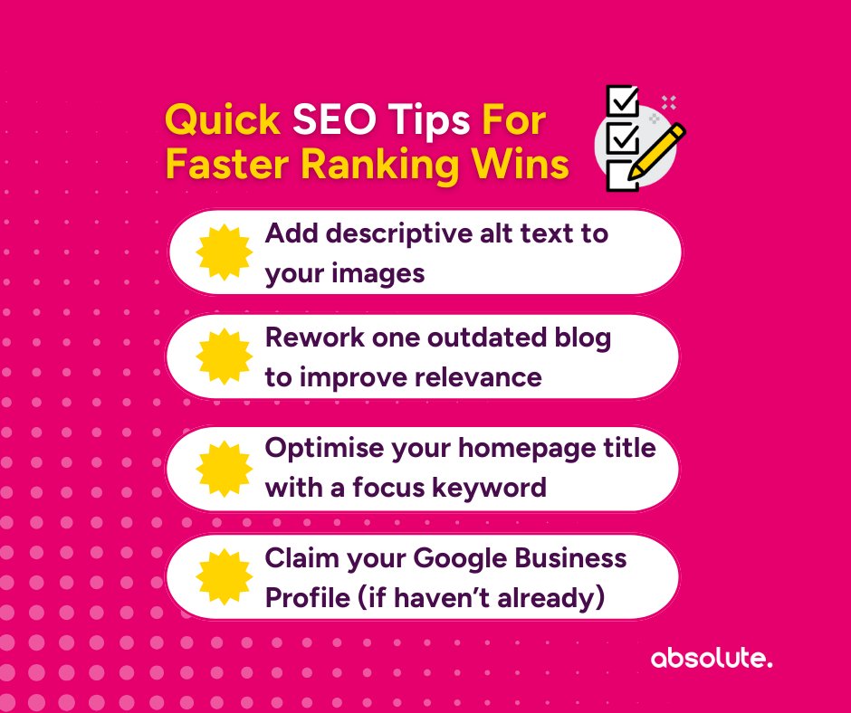 AbsoluteDMedia's tweet image. Quick SEO Tips for Faster Ranking Wins 🌟

Need faster SEO results? Start here:

✅ Add descriptive alt text
✅ Rework outdated blog
✅ Optimise meta titles
✅ Claim Business Profile

Small tweaks = real improvements.

#SEOtips #SearchOptimisation #WebsiteGrowth #DigitalMarketing