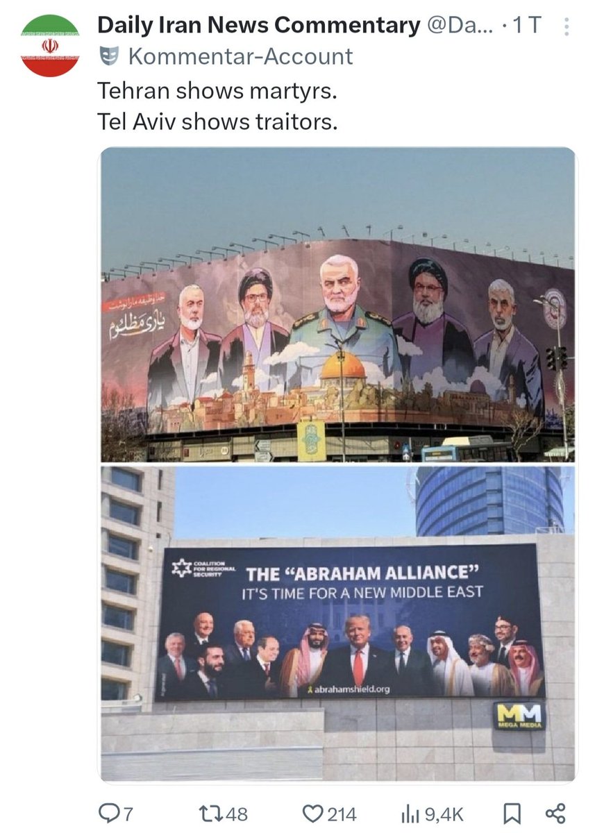 Iran. #Propaganda: Hamas, Hizbullah, iranische Revolutionsgarde als Märtyrer und die Guten,  unten Golfstaaten, Ägypten, Jordanien, Marokko, sogar Syrien, Fatah mit Trump und die #Abraham Allianz als Böse. Frieden, Diplomatie = böse. Terrorismus = gut. Dokumentation