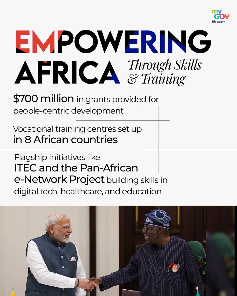 mygovindia's tweet image. Skills Strengthen South’s Workforce Future!

India under PM @narendramodi invested $700M in development grants, launched vocational centres in 8 nations, and boosted technical capacity through initiatives like ITEC and Pan-African e-Network projects.

#PMModiVisit
#NewIndia…
