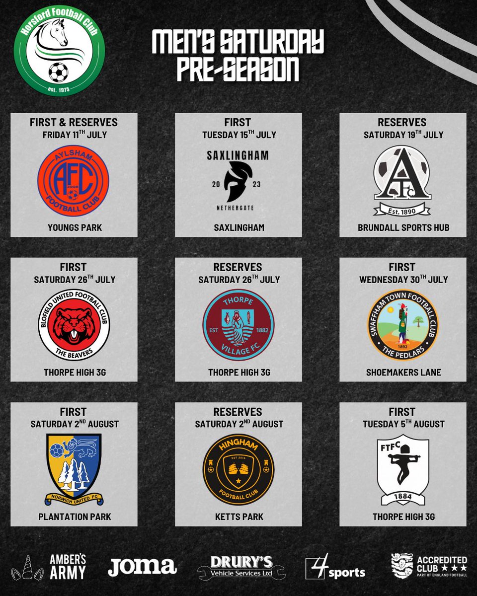 Horsford F.C. (@horsfordfc) on Twitter photo Men’s Saturday Pre-Season fixtures confirmed 🔒
Ahead of the First team’s season in the <a href="/AnglianCom/">Fosters Solicitors Anglian Combination</a>, they’ll head to Aylsham FC, Saxlingham Nethergate FC, Blofield United FC, Swaffham Town FC, Norwich United FC and Fakenham Town FC. The Reserves will face Aylsham FC, Men’s Saturday Pre-Season fixtures confirmed 🔒
Ahead of the First team’s season in the <a href="/AnglianCom/">Fosters Solicitors Anglian Combination</a>, they’ll head to Aylsham FC, Saxlingham Nethergate FC, Blofield United FC, Swaffham Town FC, Norwich United FC and Fakenham Town FC. The Reserves will face Aylsham FC,