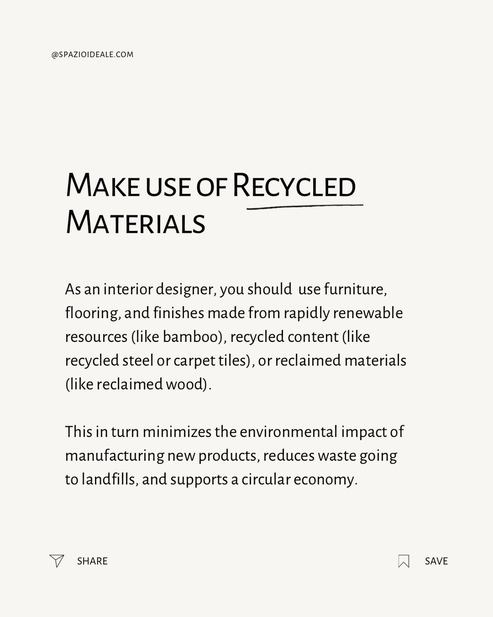 SpazioIdeale's tweet photo. Let’s talk sustainable design. ♻️

As an interior designer, these are practices you need to have in your toolkit; as interior design is not just about looking good — it’s about designing spaces that do good too! 🤩

Which one are you already using — or excited to try? https://t.co/v9CGXn9WCc